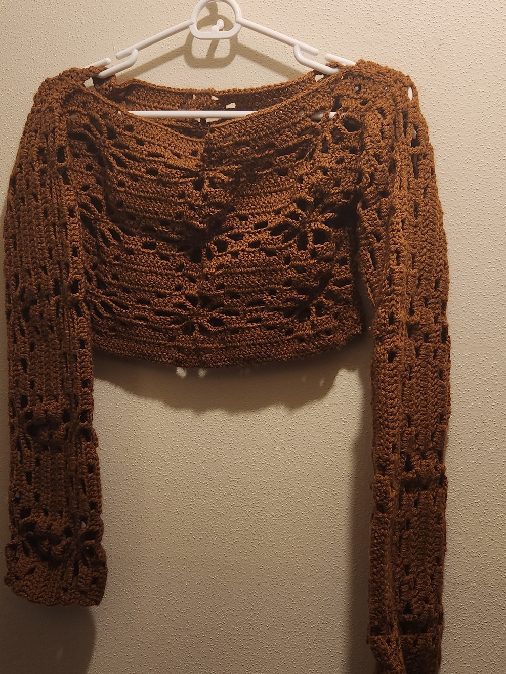 Cropped Off-the-Shoulder Crochet Sweater in Brown